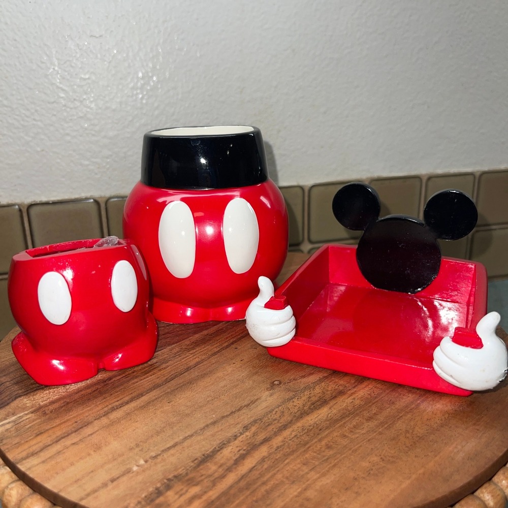 Disney Mickey Mouse Desk Accessory Set Pencil Cup‎ Memo Holder 3 Piece Red Black